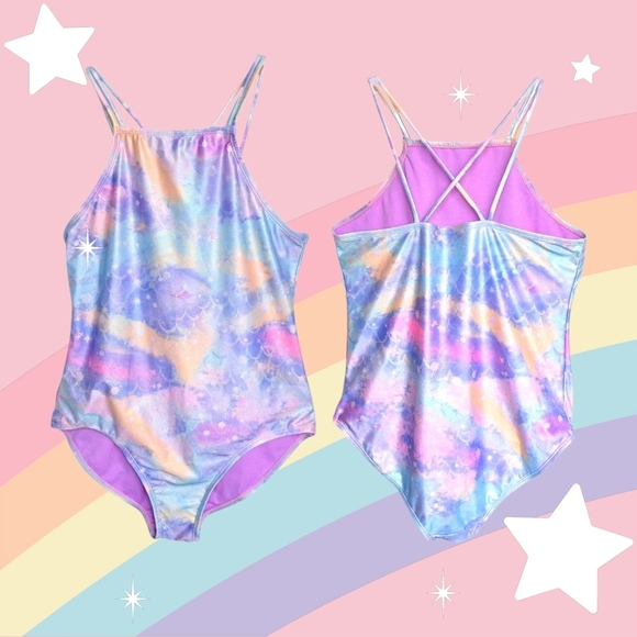 ๐ Girls Mermaid Shimmer Pastel Colors One-Piece Swimsuit Crisscross Back 14/16 - Picture 1 of 16